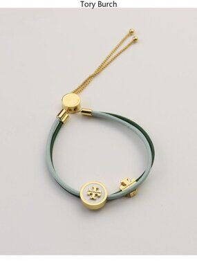 Tory Burch Gold & Light Blue Leather Logo Slider Bracelet